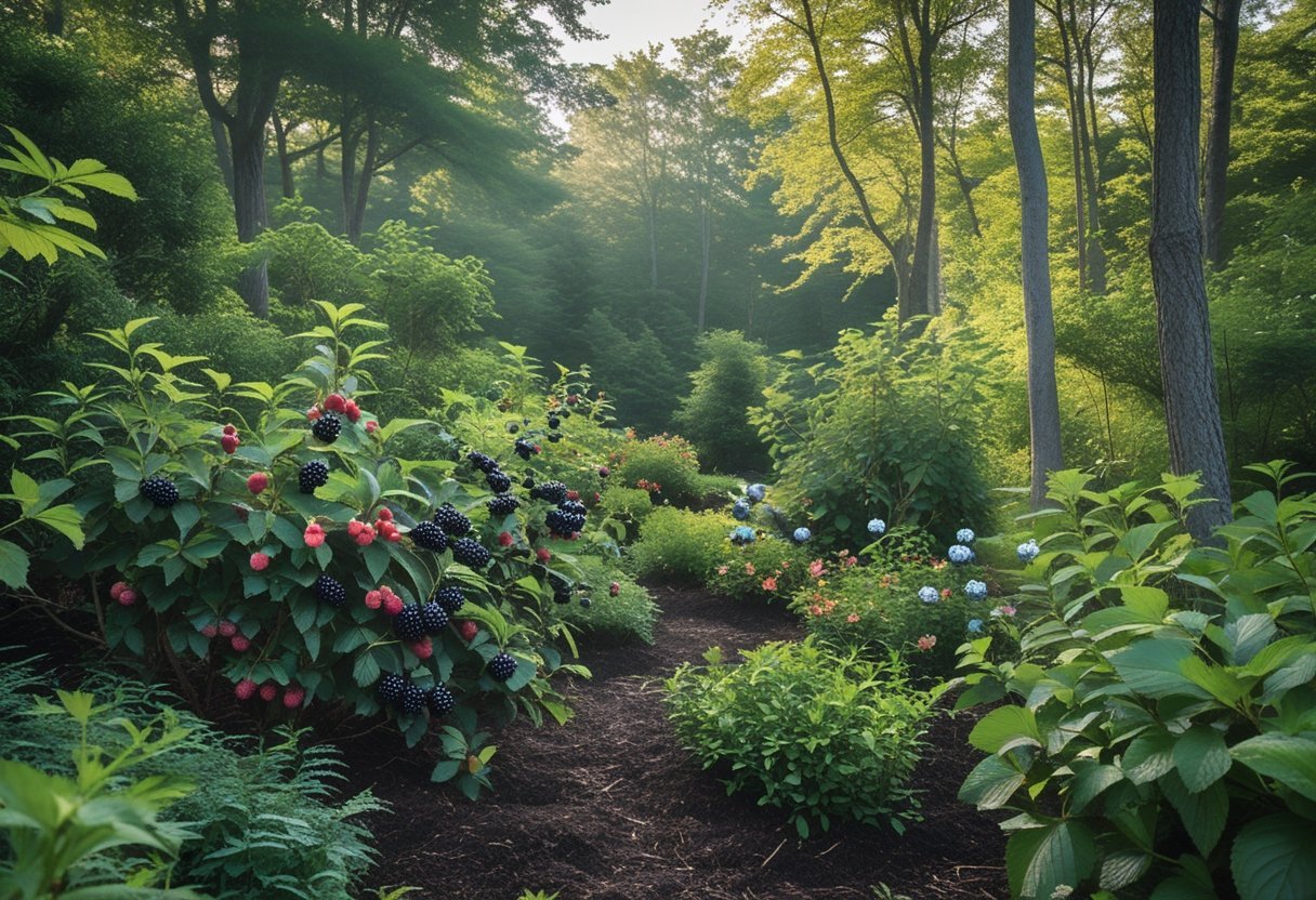 A peaceful woodland garden filled with wild berry plants bearing ripe berries among green shrubs and trees.