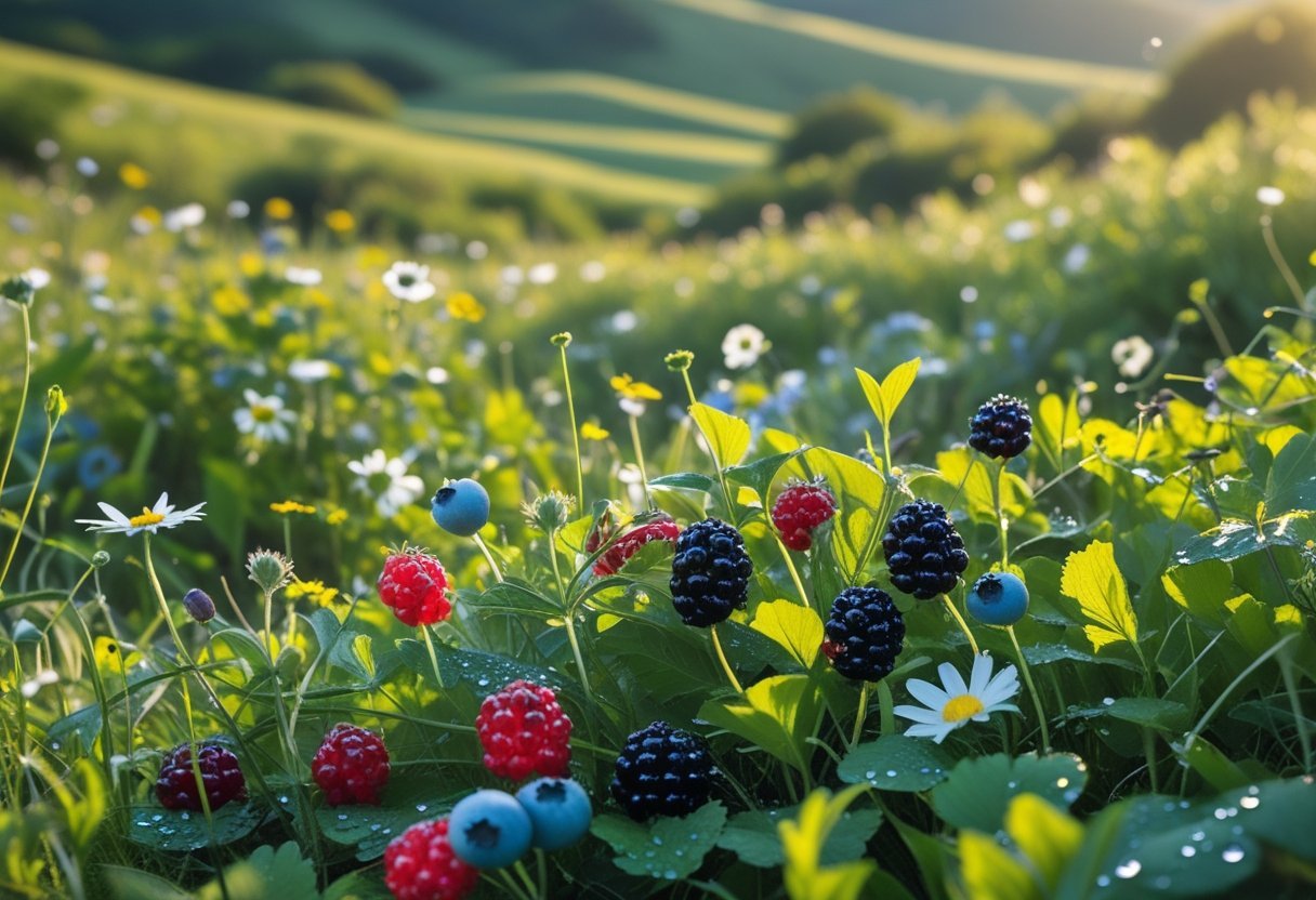 A meadow filled with wild berry plants and colorful wildflowers under sunlight.
