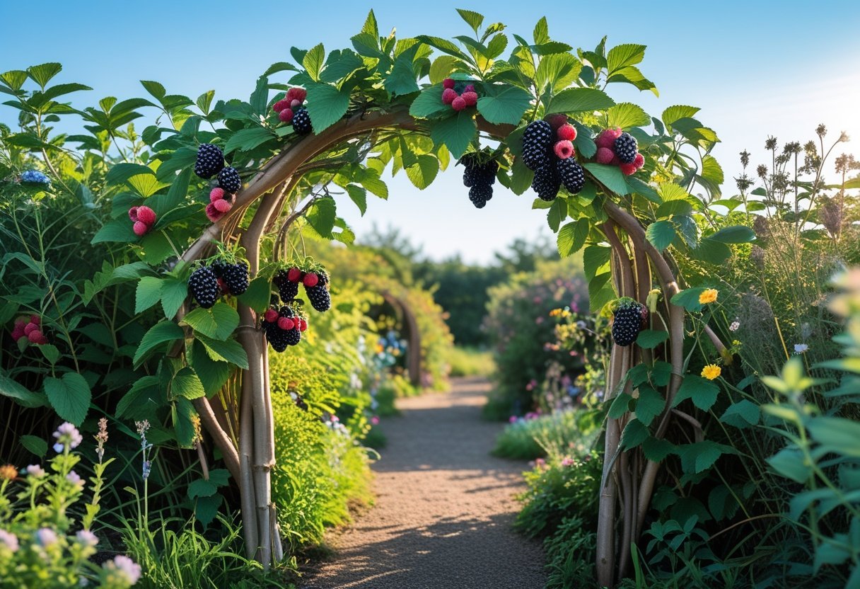 A wooden archway covered with green leaves and ripe wild berries over a garden path surrounded by berry bushes and wildflowers.