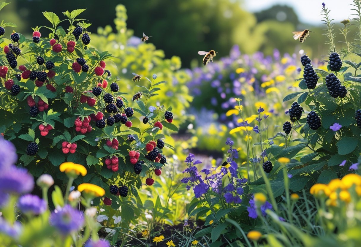 A wild berry garden with ripe berries, blooming flowers, and pollinators like bees and butterflies.