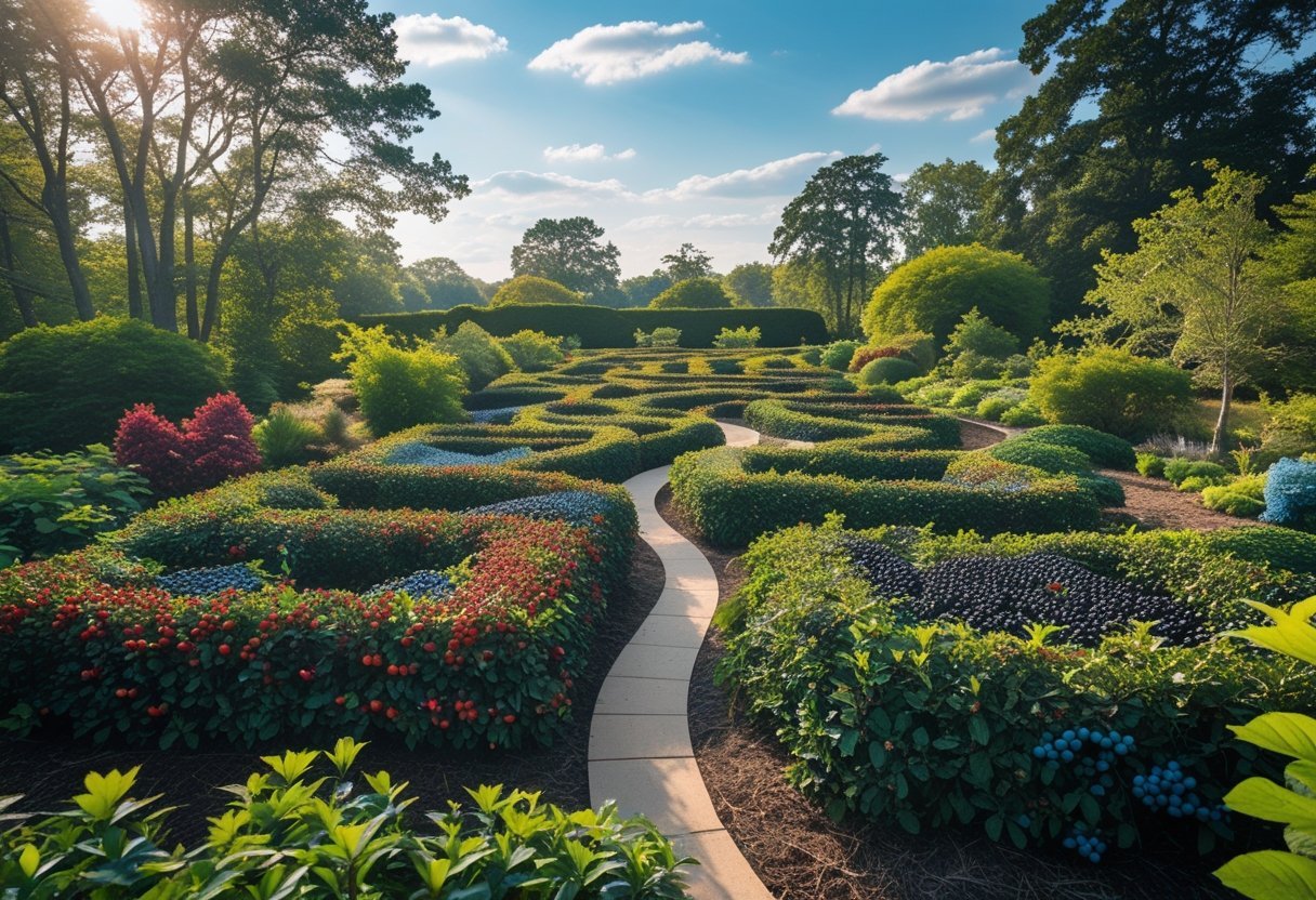 A winding pathway through a dense wild berry garden with bushes full of ripe berries under a clear sky.