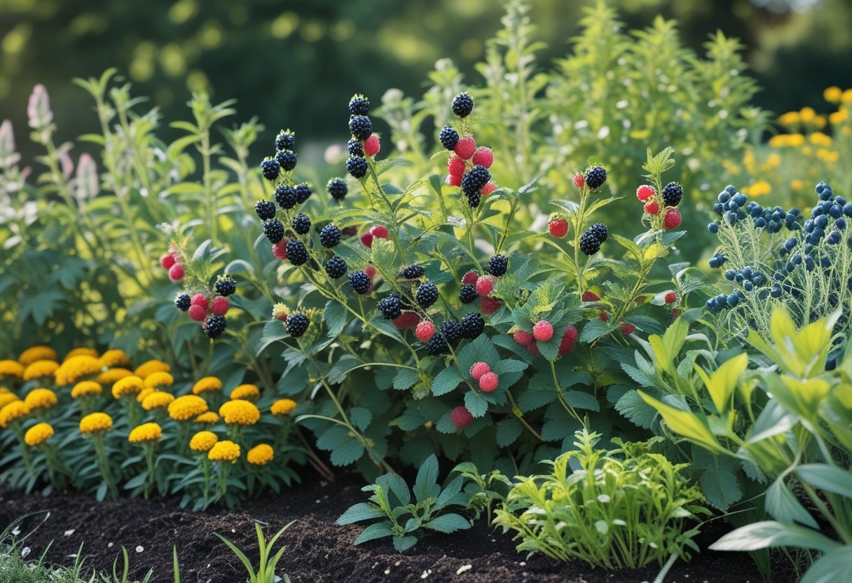 A lush garden with various berry bushes and companion plants growing together, showing ripe berries and green foliage.