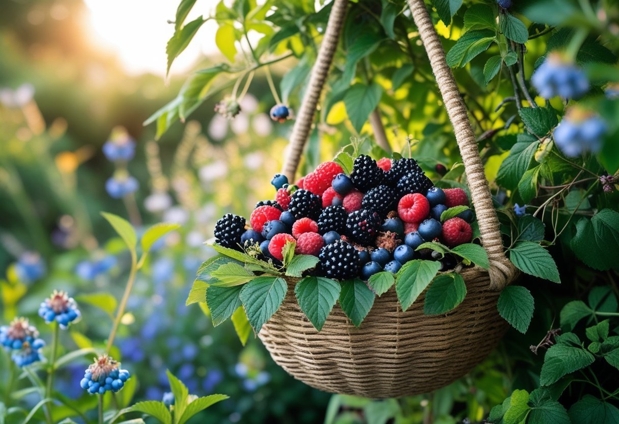 A hanging basket overflowing with ripe wild berries surrounded by green leaves and wildflowers in a garden.