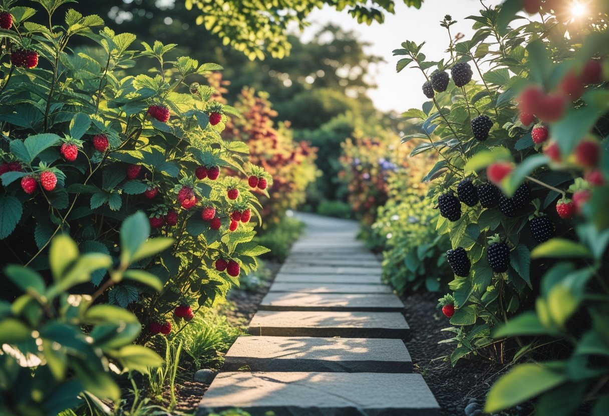 A garden walkway lined with wild berry bushes full of ripe berries on both sides under sunlight.
