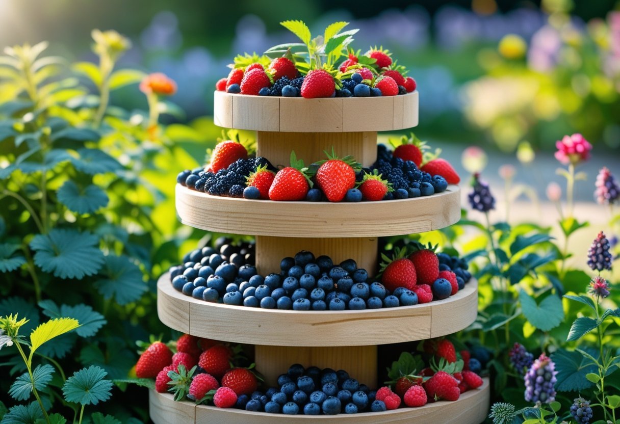 A tiered wooden planter filled with ripe strawberries, blueberries, and raspberries in a sunny garden surrounded by green plants.