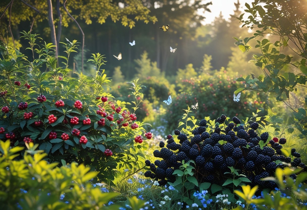 A lush wild berry garden with ripe berries, birds, butterflies, and surrounding forest greenery.