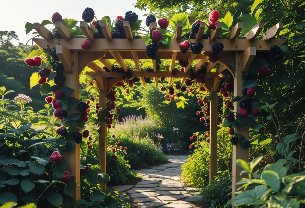 A wooden pergola covered with climbing berry plants in a wild berry garden with ripe red and purple berries and green foliage surrounding a stone pathway.