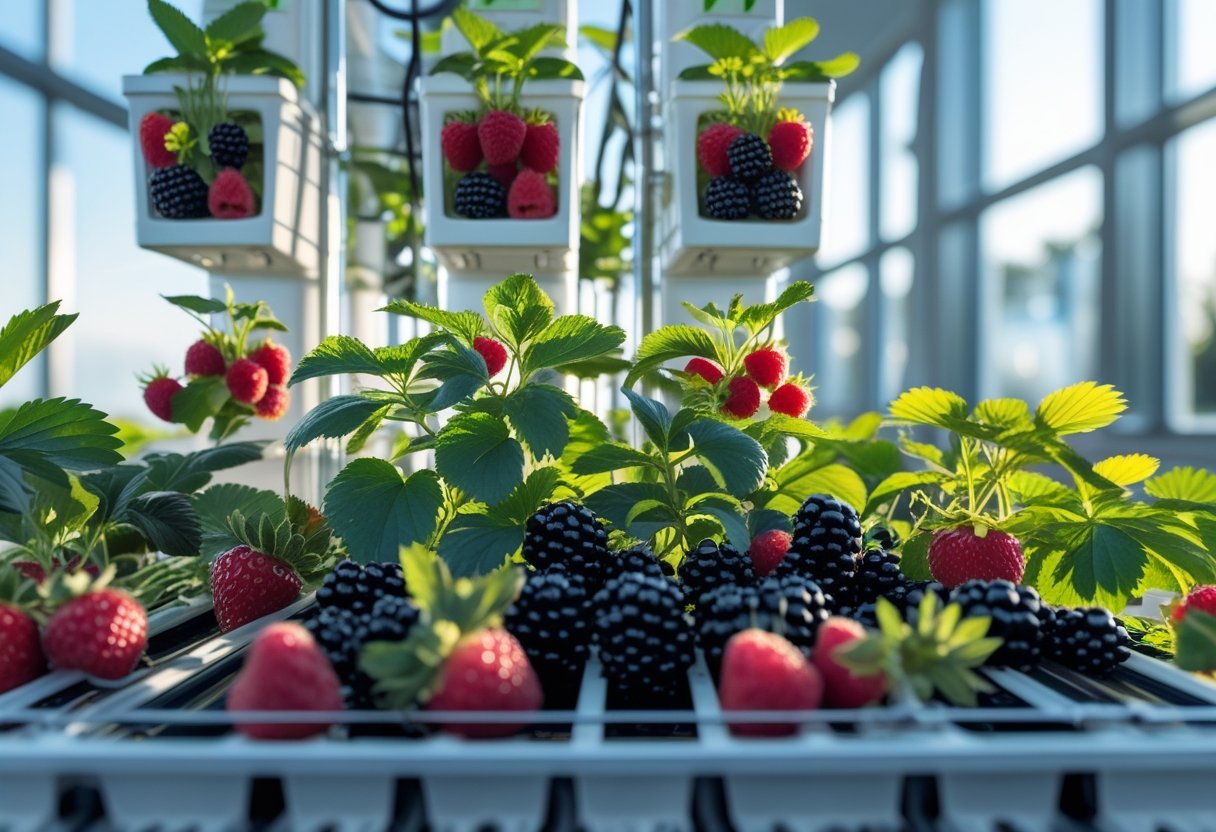 Indoor hydroponic garden with vertical towers and trays growing wild berry plants with ripe berries and green leaves.