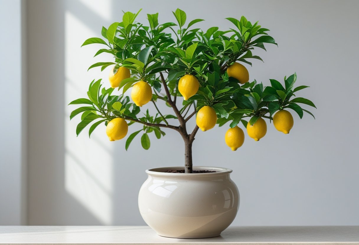 A small Meyer lemon tree with green leaves and yellow lemons in a ceramic pot on a plain background.