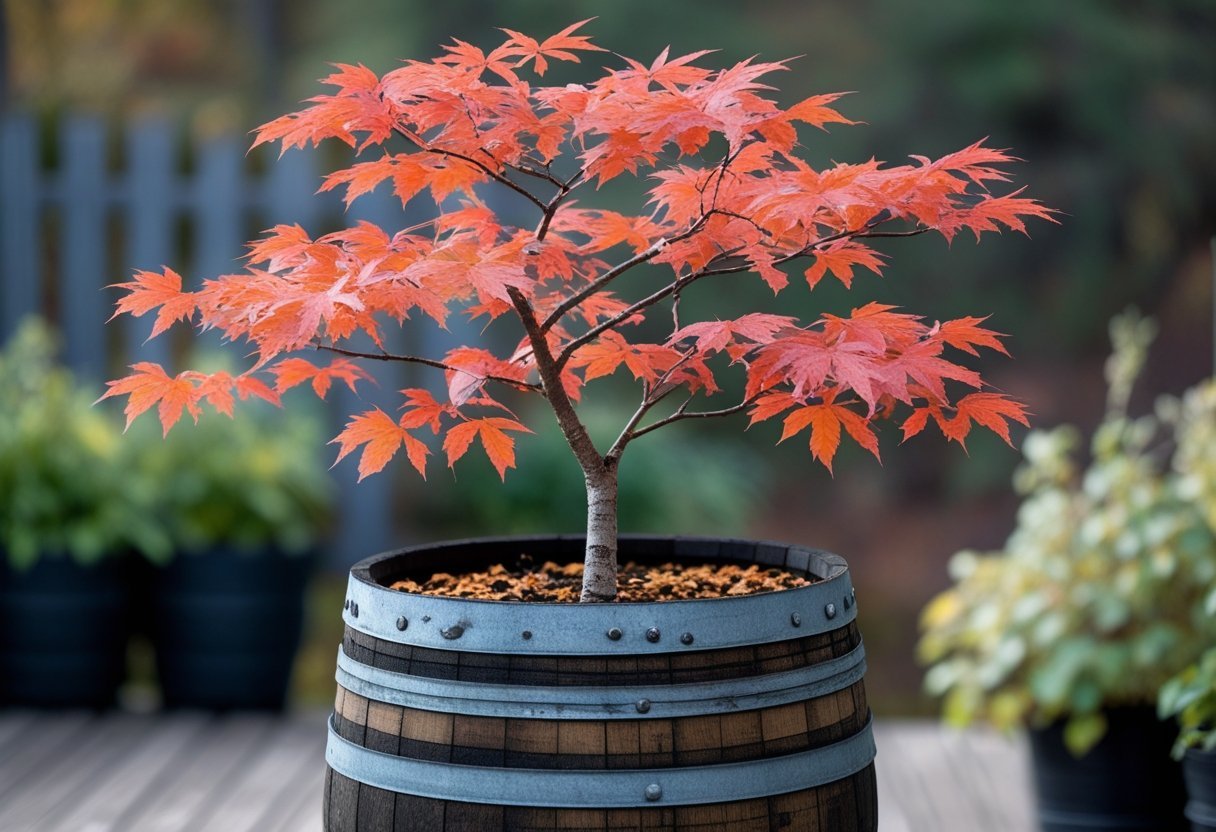 A dwarf Japanese Maple tree with red and orange leaves planted in a rustic whiskey barrel outdoors.