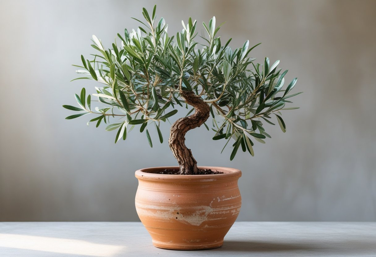 A small dwarf olive tree with green leaves in a terracotta planter on a neutral background.