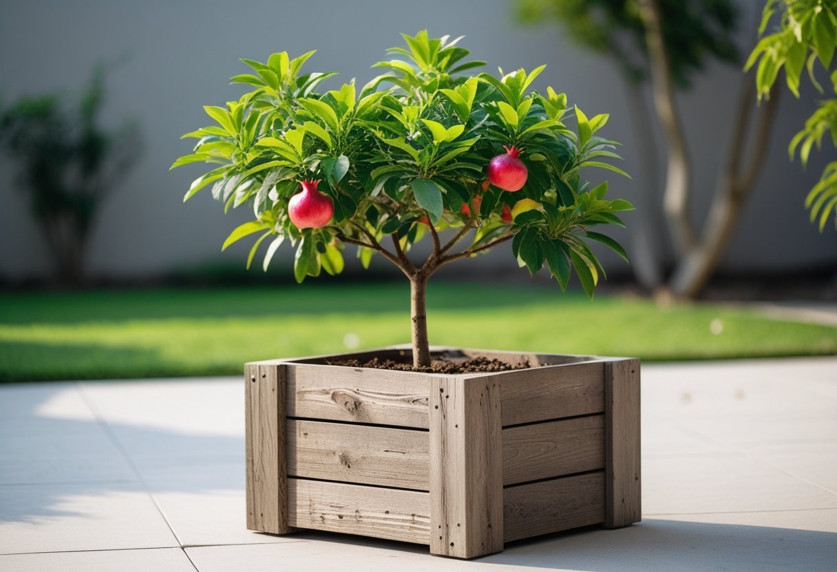 A small dwarf pomegranate tree with green leaves and red fruits planted in a raised wooden box outdoors.