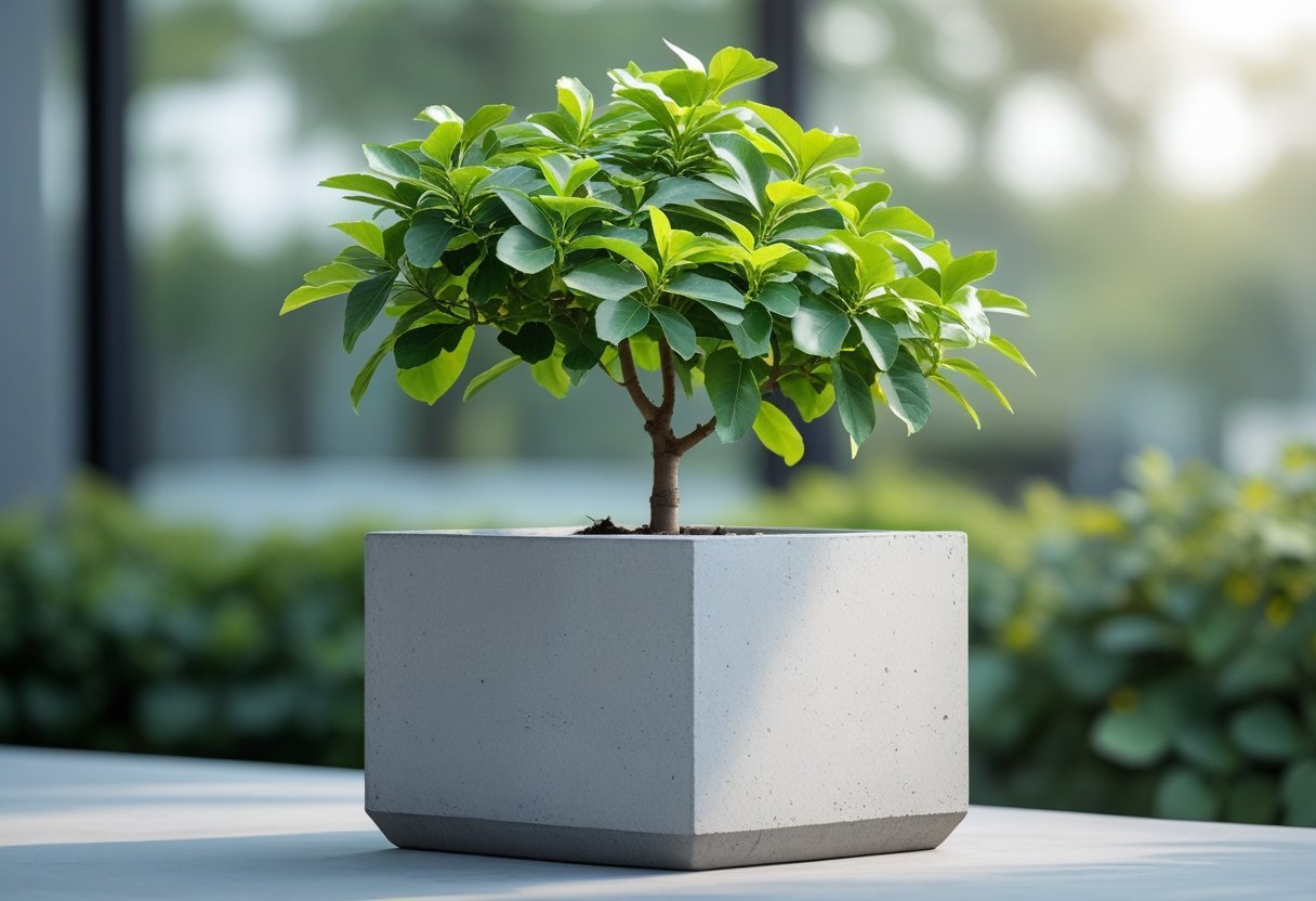 A small dwarf fig tree with green leaves planted in a modern concrete container.