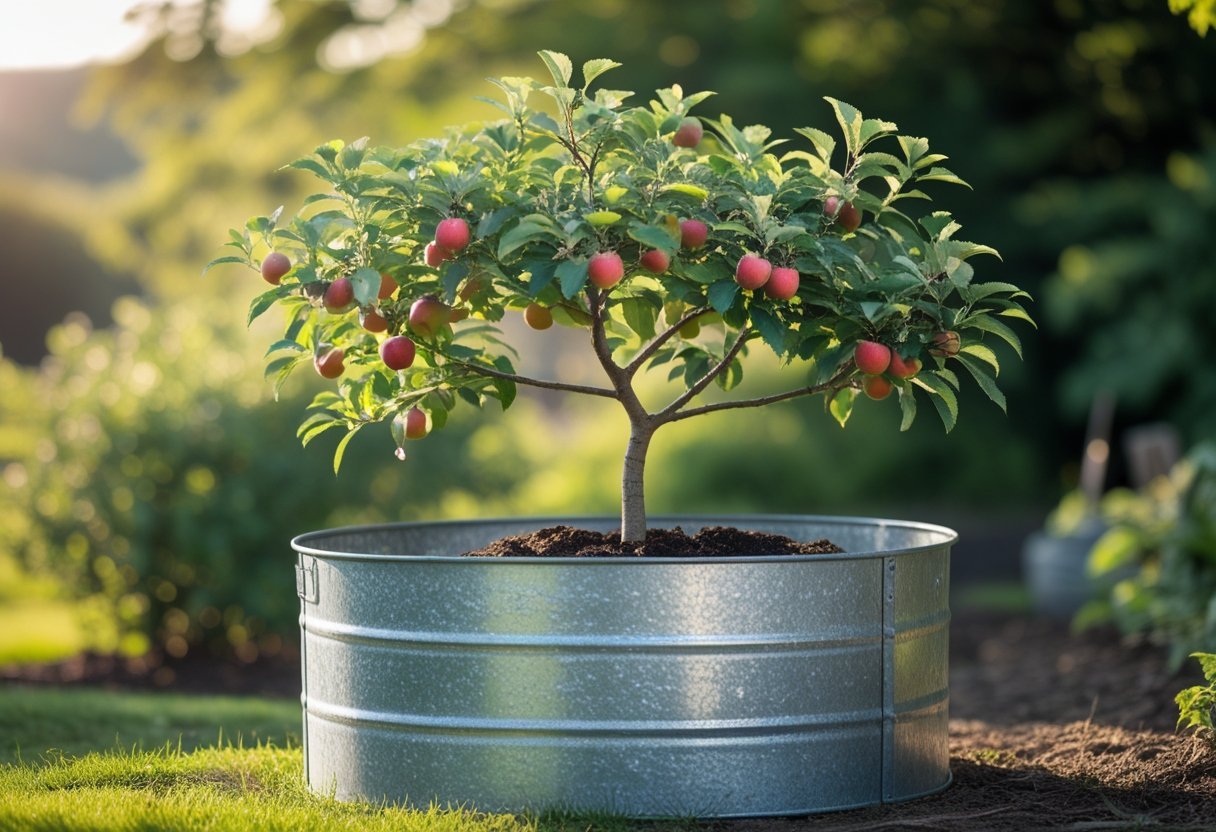 A dwarf apple tree with green leaves and small red apples growing in a large galvanized metal tub outdoors.