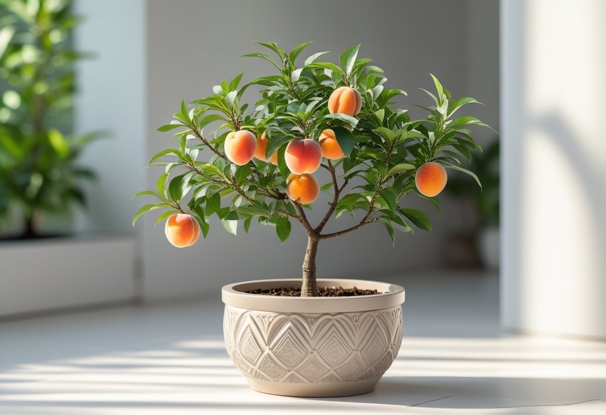 A small dwarf peach tree with green leaves and ripening peaches in a decorative resin pot on a clean surface.