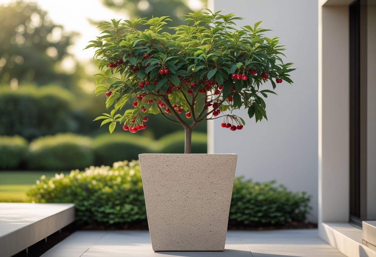 A dwarf cherry tree with green leaves and small red cherries in a tall fiberstone planter on a patio.