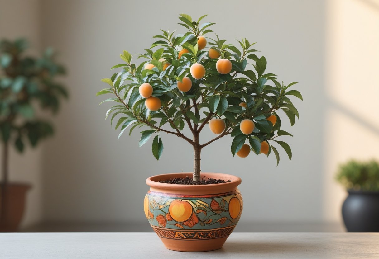 A small dwarf apricot tree with green leaves and young apricot fruits in a colorful painted clay pot on a neutral background.