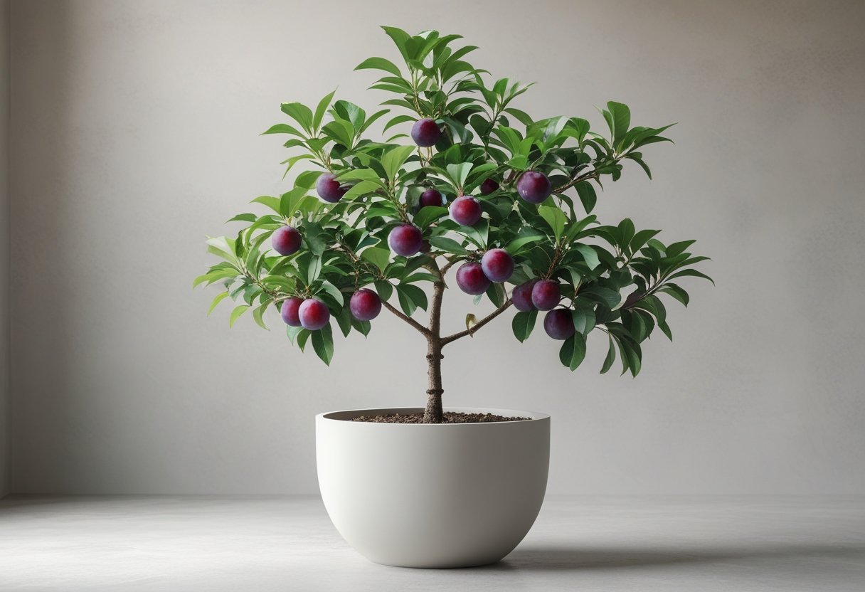 A dwarf plum tree with small purple plums in a modern minimalist planter on a neutral background.