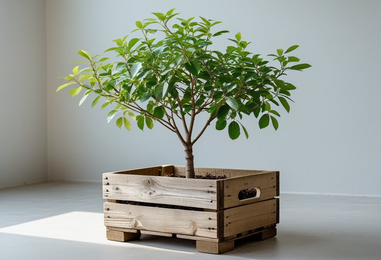 A small dwarf mulberry tree growing in a rustic wooden crate on a plain surface.