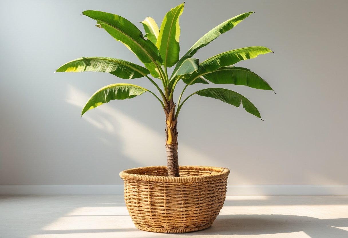A dwarf banana tree with large green leaves planted in a woven wicker basket on a plain background.