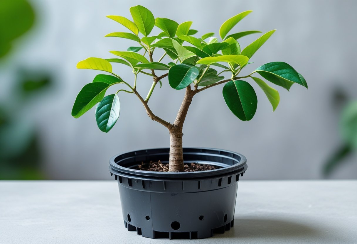 A small dwarf avocado tree with green leaves growing in a black plastic drainage pot on a neutral surface.