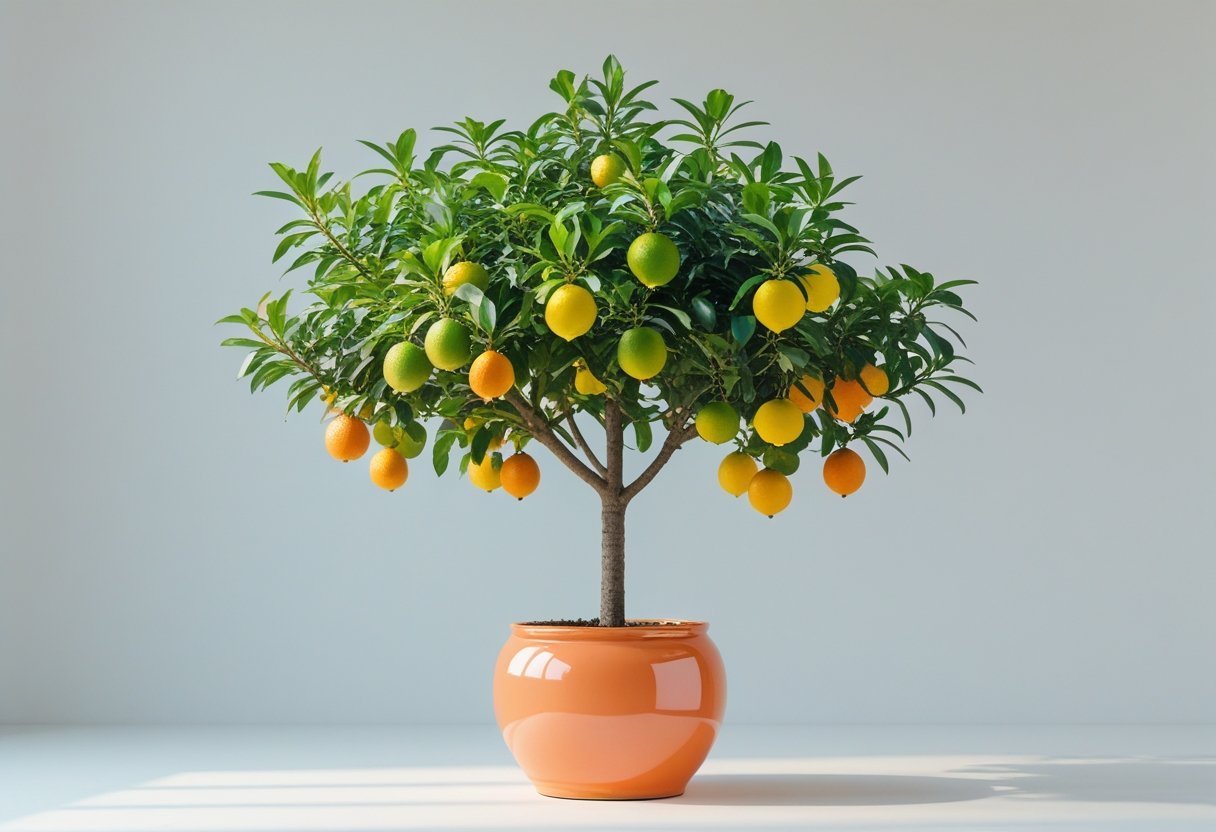 A dwarf citrus tree with small lemons, limes, and oranges in a bright-colored ceramic pot on a plain background.