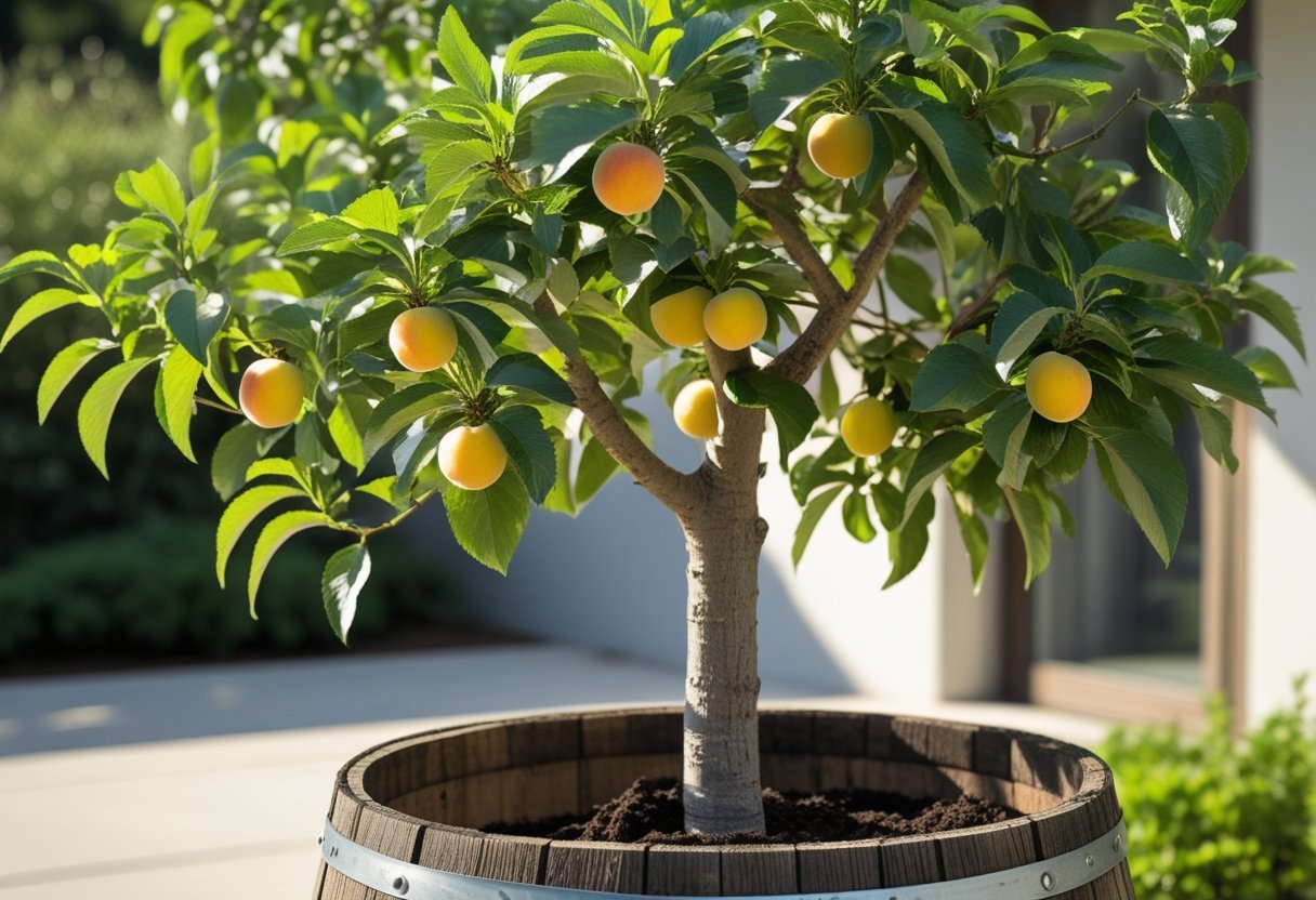 A dwarf nectarine tree growing in a recycled wine barrel container outdoors with green leaves and small fruits.