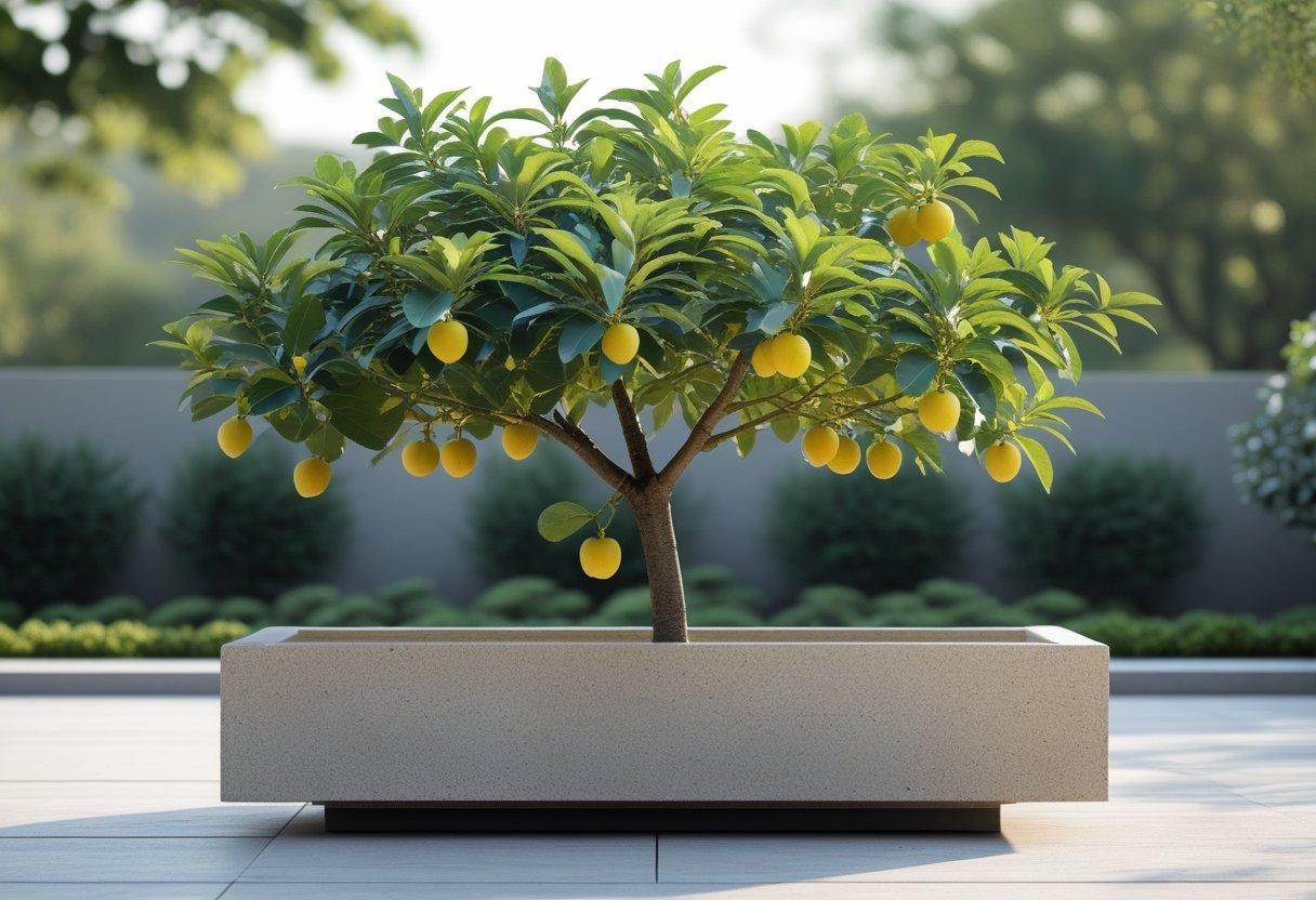 A dwarf loquat tree with green leaves and small fruits in a wide, shallow stone planter on a plain surface.