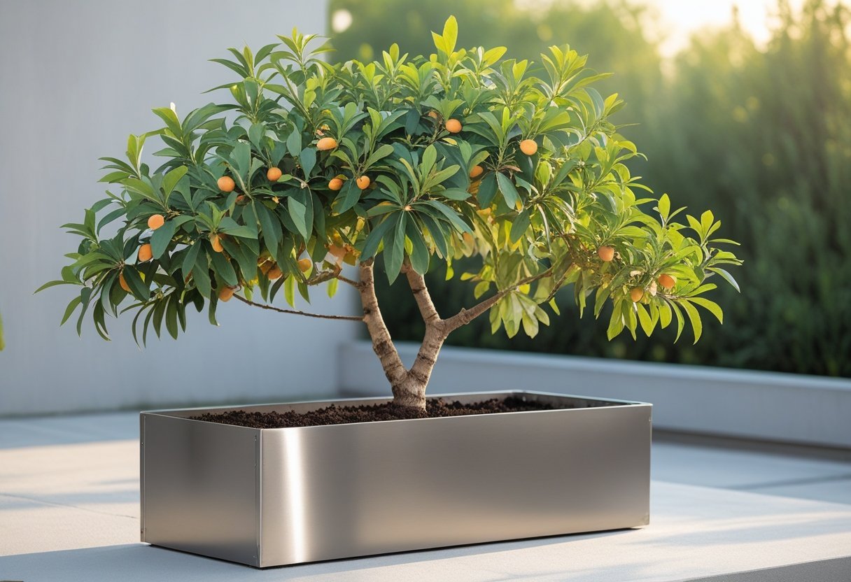 A dwarf almond tree with green leaves and small fruits growing in a rectangular metal trough planter.