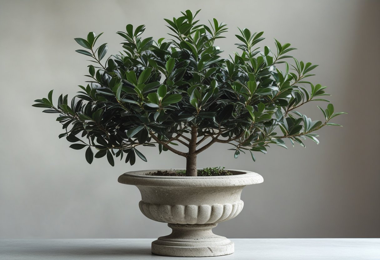 A small Bay Laurel tree with dark green leaves planted in a textured stone urn on a neutral surface.