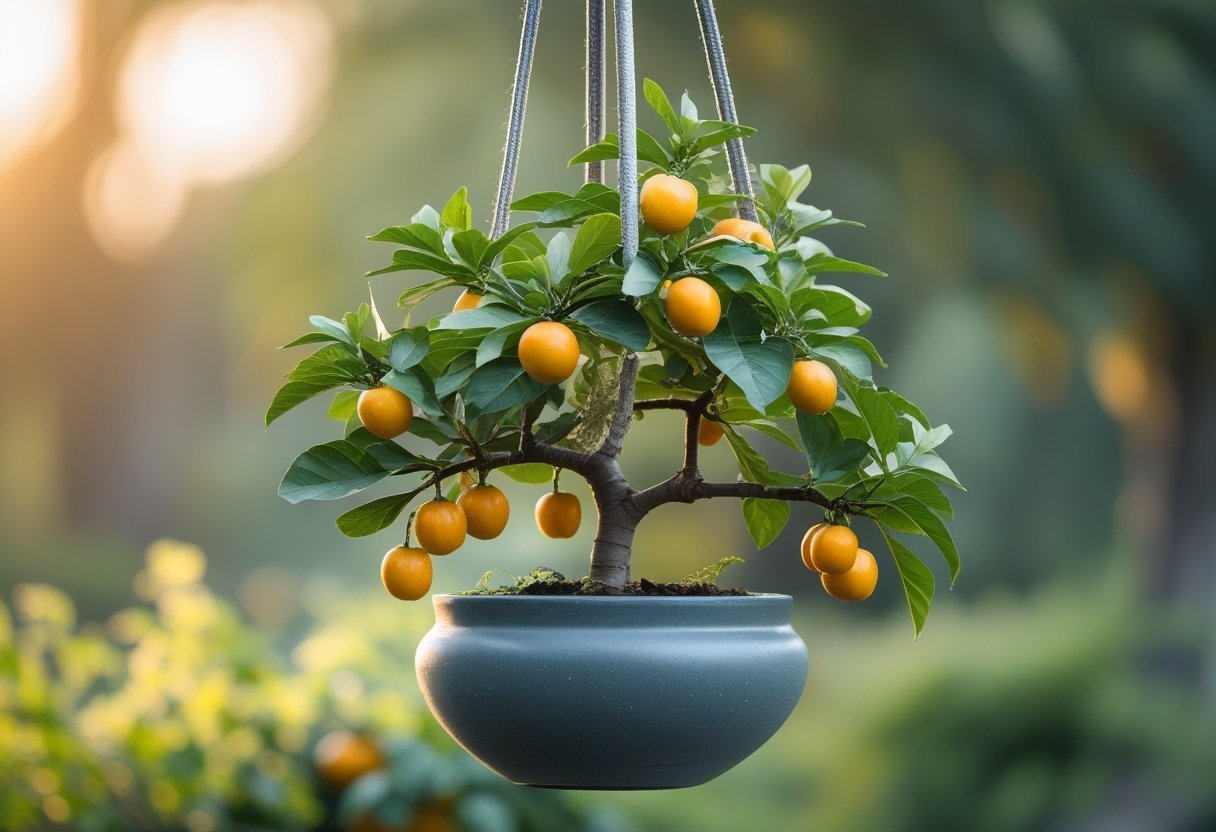 A small dwarf kumquat tree with green leaves and orange fruits in a hanging container against a natural background.