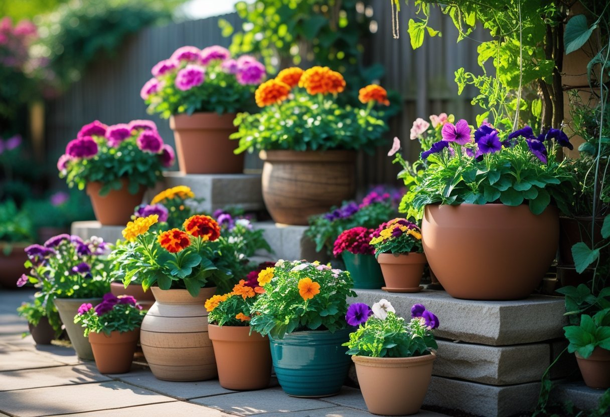 A sunlit patio with various pots of colorful blooming flowers arranged on shelves and steps surrounded by green plants.