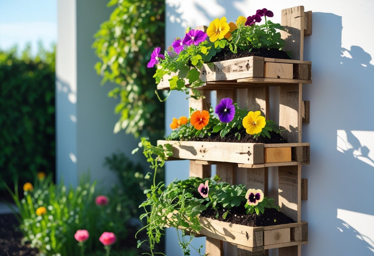 Vertical wooden pallet garden filled with colorful blooming flowers mounted on an outdoor wall.