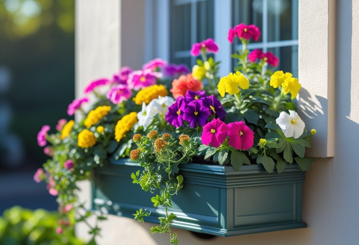 A window box filled with colorful blooming flowers attached to an exterior wall under sunlight.