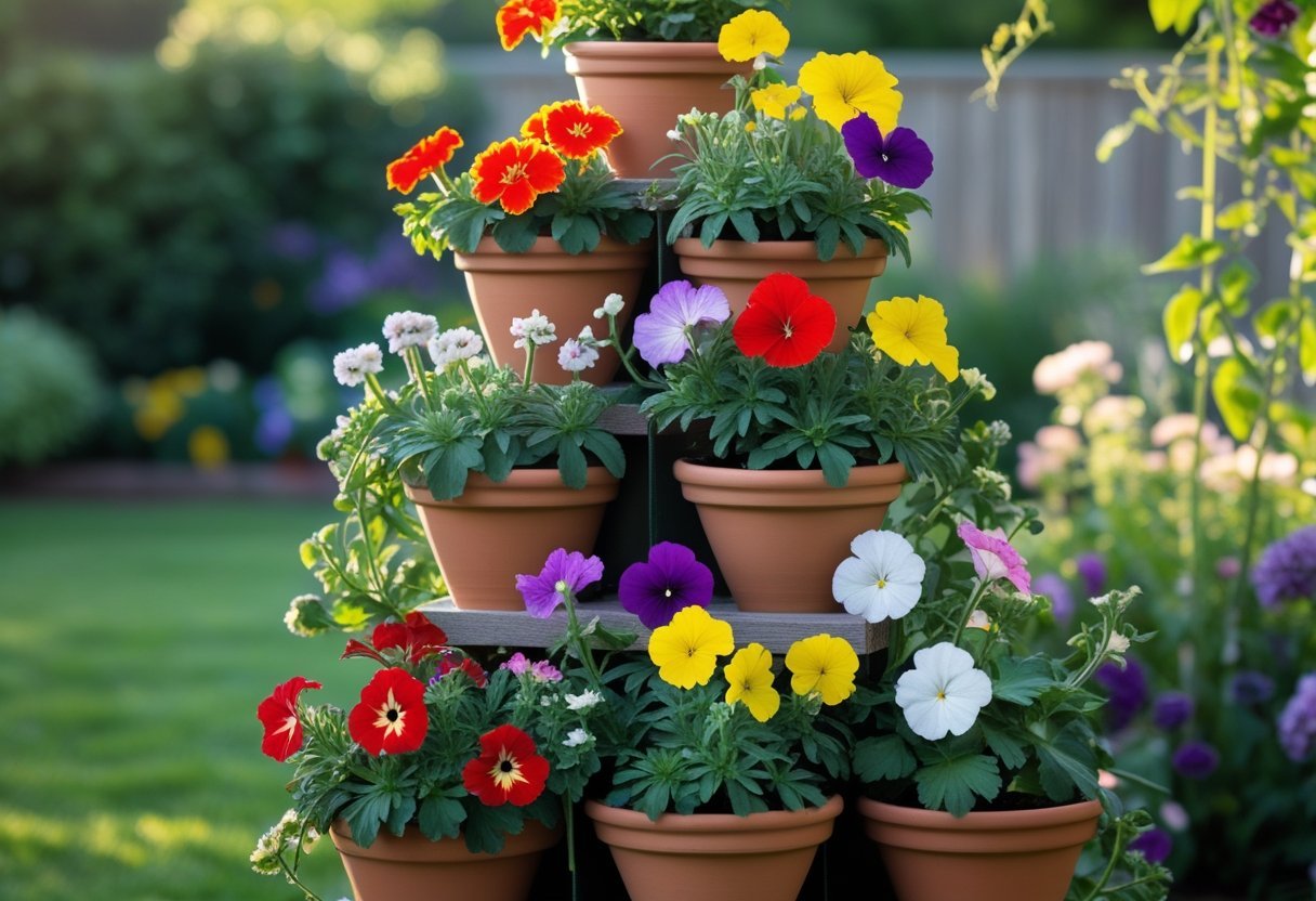 A tiered arrangement of flower pots filled with colorful blooming flowers in a garden.