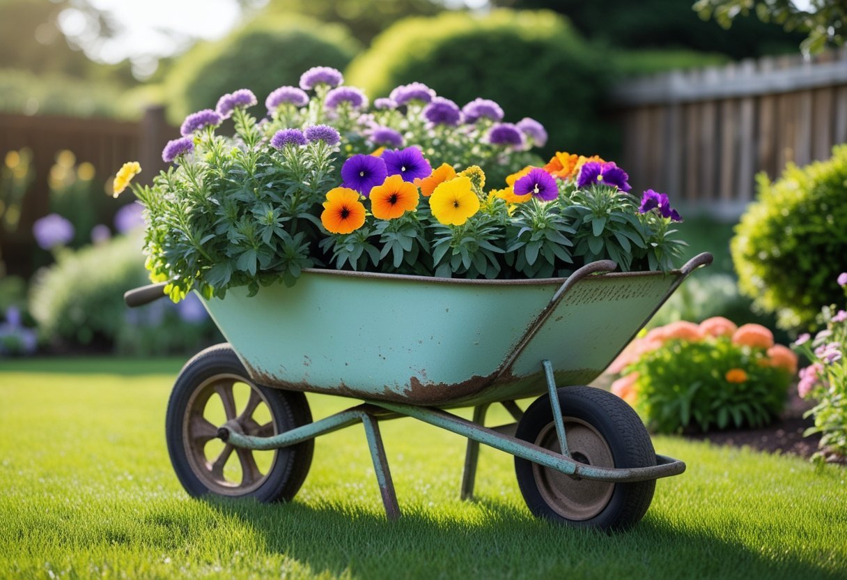A colorful flower garden with a repurposed wheelbarrow filled with blooming flowers on a green lawn.