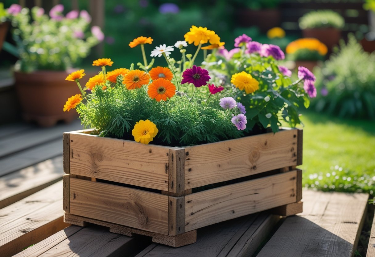 Wooden crate filled with colorful blooming flowers placed outdoors in a garden.