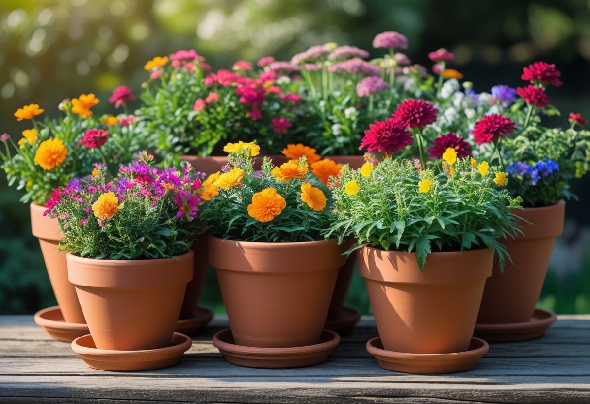 Clusters of terracotta pots filled with colorful flowers arranged together in an outdoor garden setting.