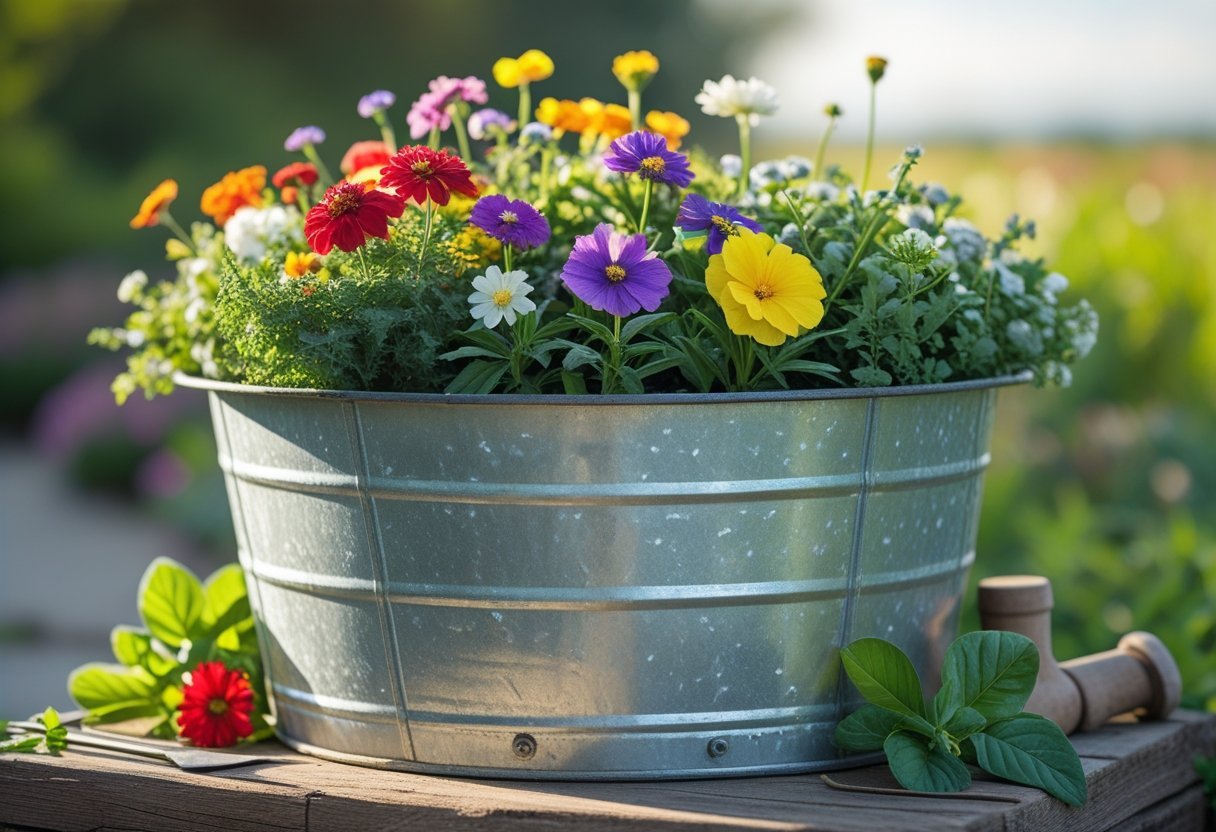 A galvanized metal tub filled with colorful blooming flowers placed outdoors on a wooden surface surrounded by garden greenery.