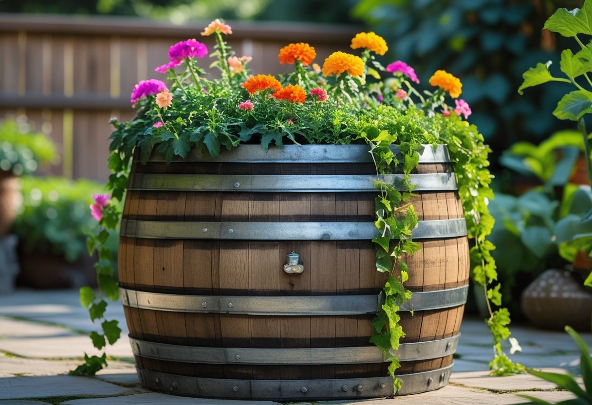 A wooden wine barrel used as a planter filled with colorful flowers on a stone patio surrounded by green plants.