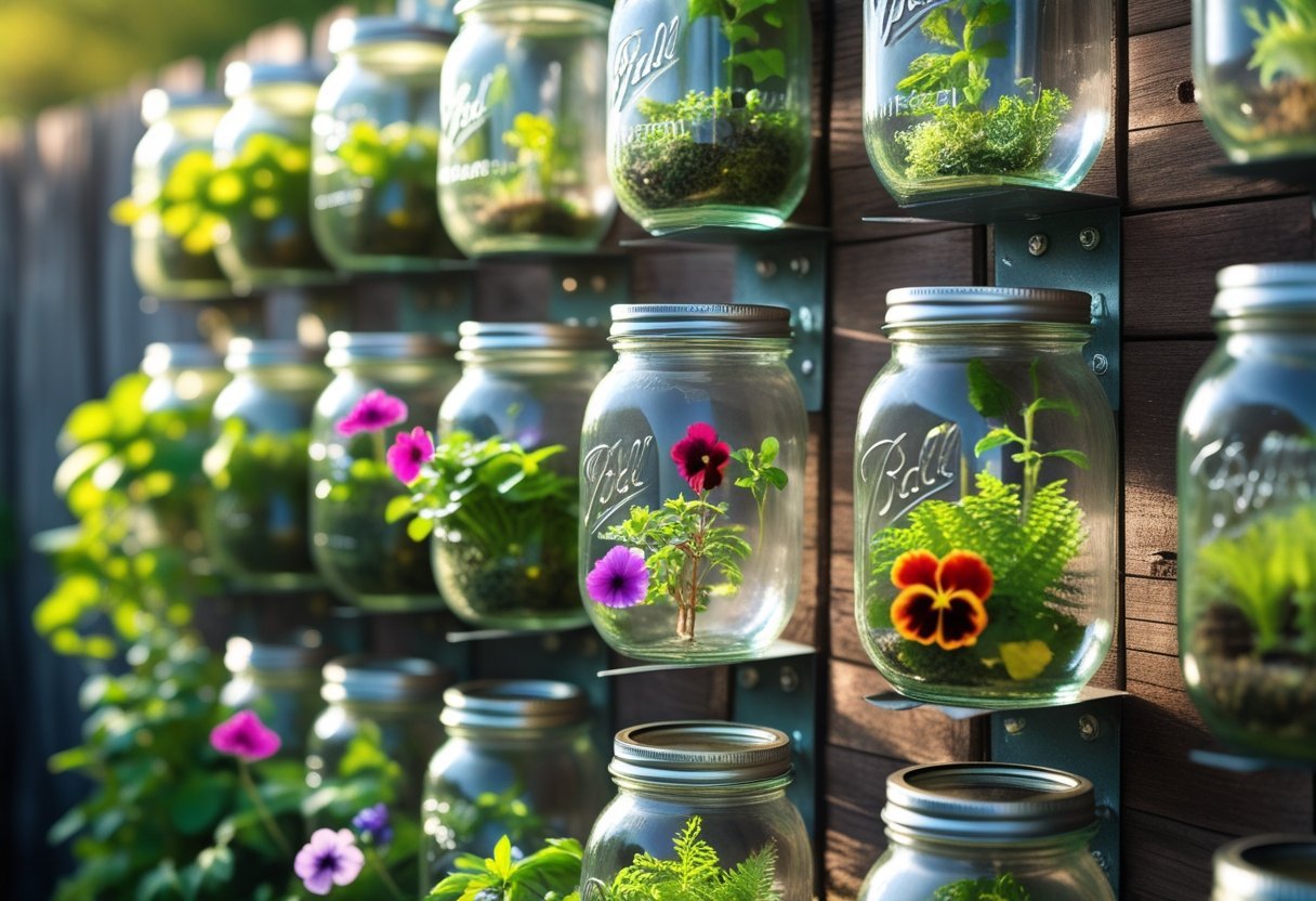 Mason jars mounted on a wooden wall, each filled with green plants and colorful flowers.