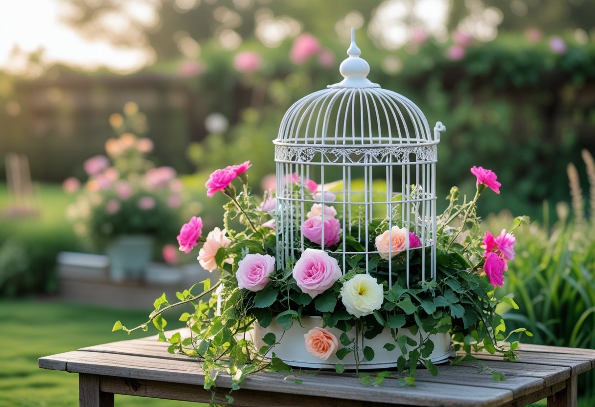 A white vintage birdcage filled with colorful blooming flowers sitting on a wooden table in a garden.