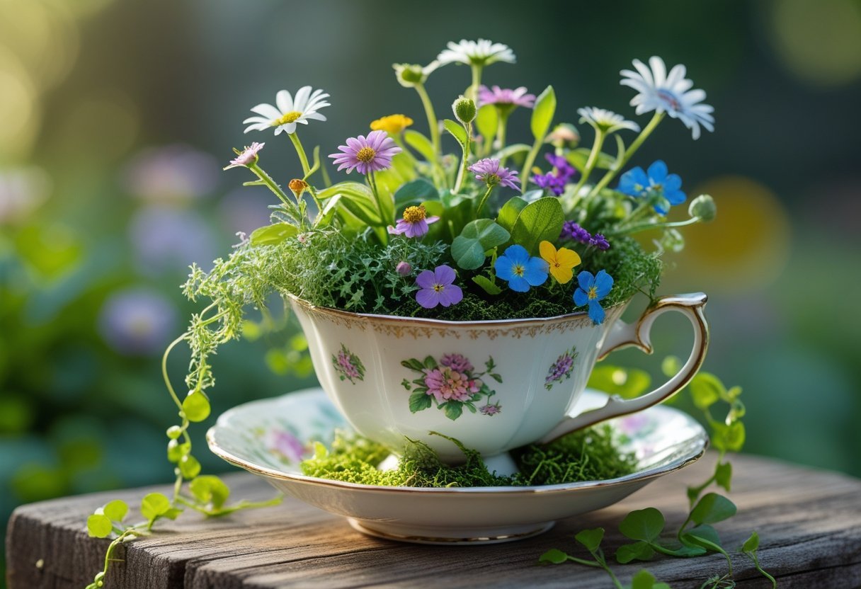 A small teacup filled with colorful flowers and greenery sitting on a wooden surface with a blurred garden background.