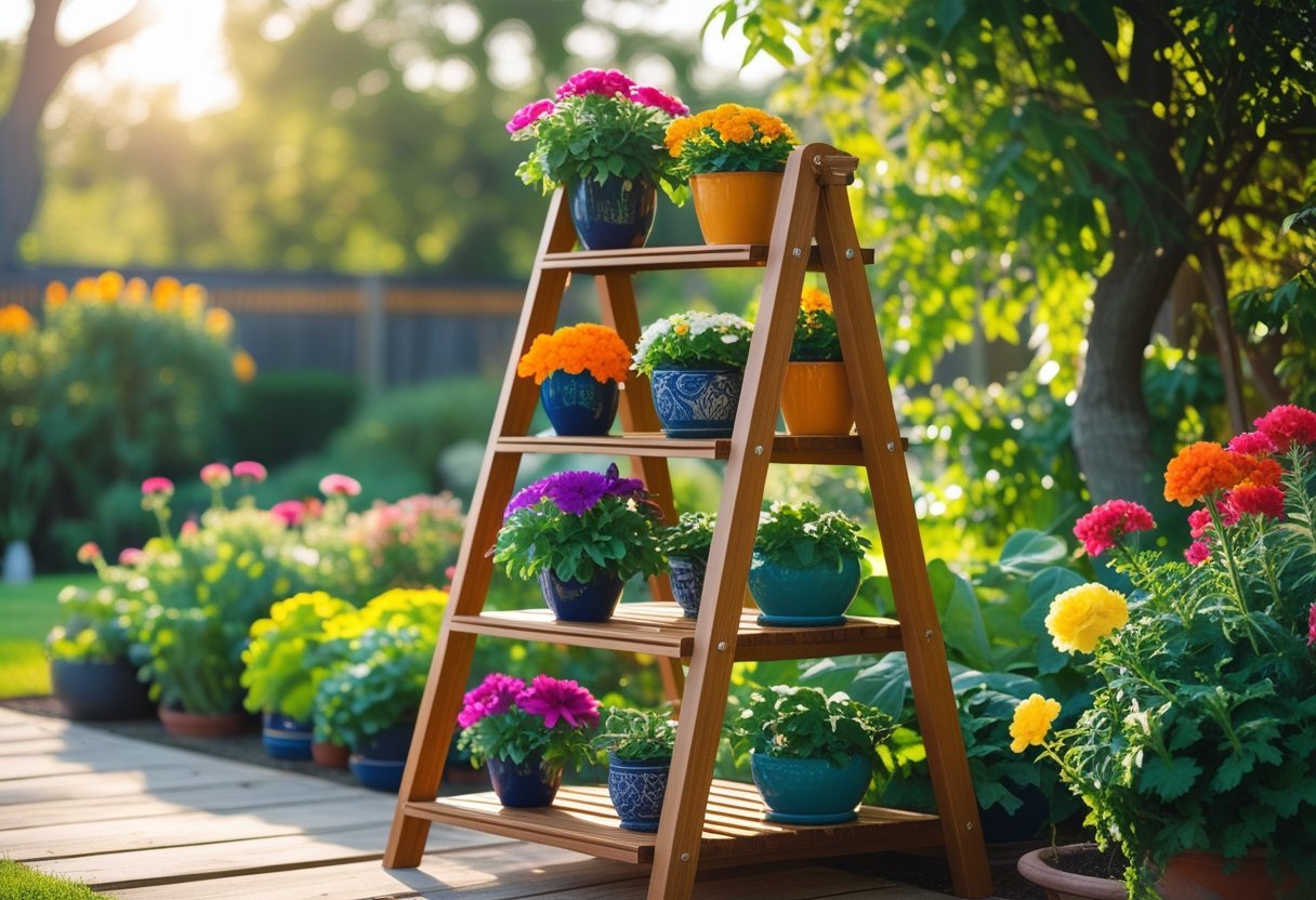 A wooden ladder-style plant stand with multiple potted flowering plants arranged outdoors in a sunny garden.
