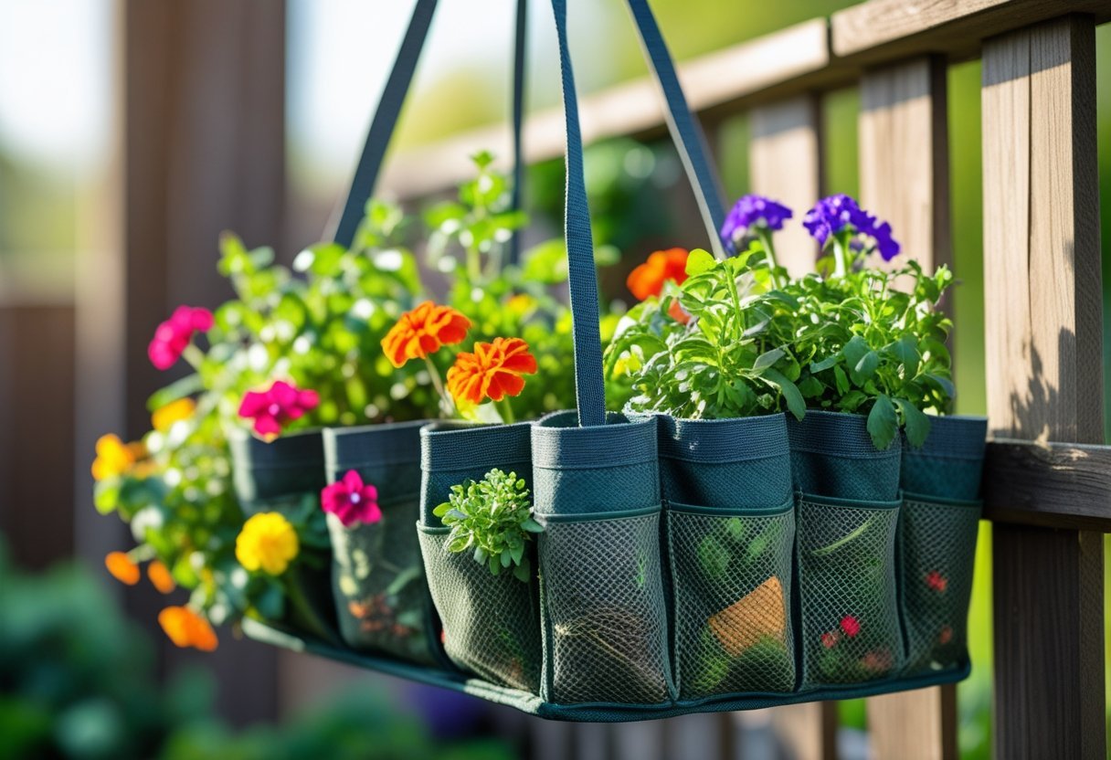 A hanging shoe organizer filled with colorful flowers and plants outdoors against a wooden fence.