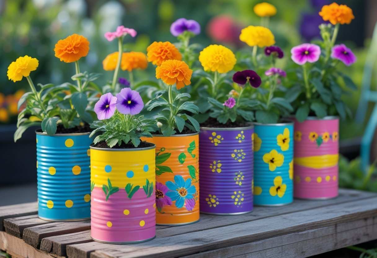 Colorful painted tin cans used as planters holding various blooming flowers arranged outdoors on a wooden surface.