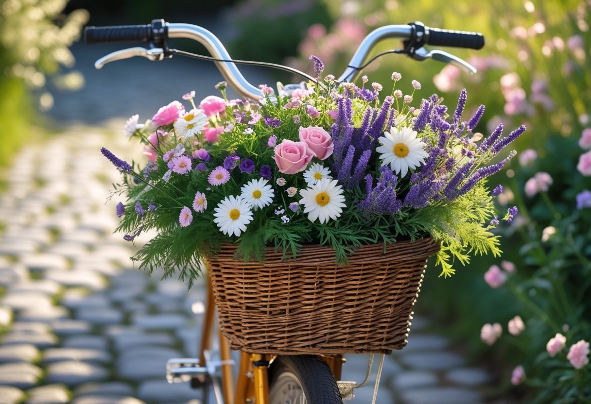A bicycle with a basket full of colorful flowers on a sunlit cobblestone path surrounded by greenery.