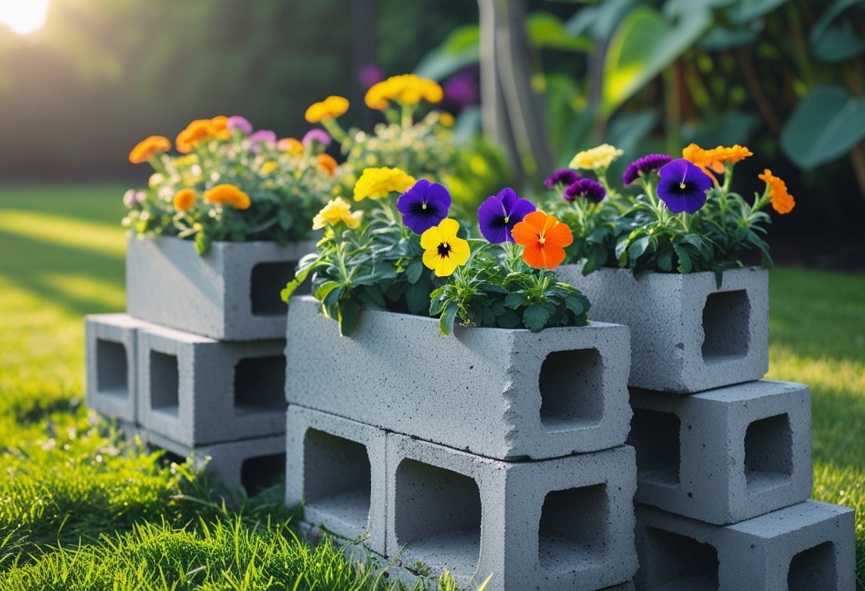 Outdoor garden with cinder blocks used as containers for colorful blooming flowers on green grass.