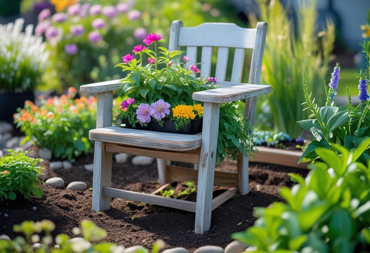 A wooden chair repurposed as a planter filled with colorful flowers and green plants in an outdoor garden.