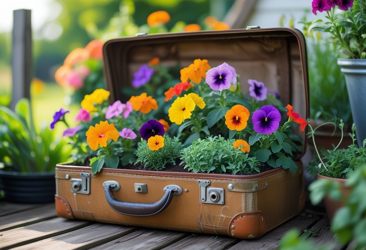 An old suitcase used as a flower bed filled with colorful blooming flowers in a garden setting.